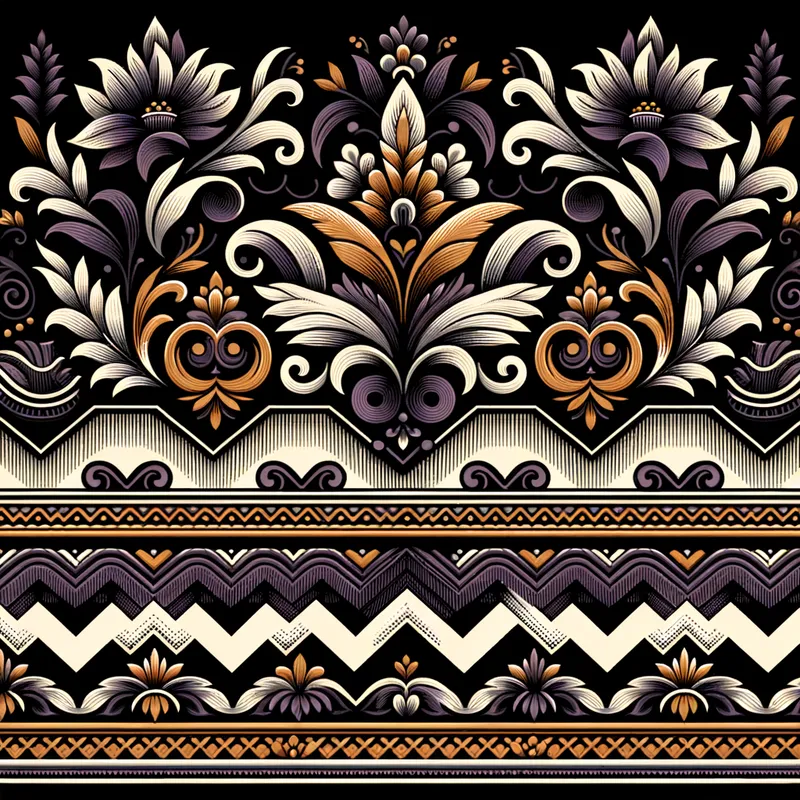 Heritage Lines - A sophisticated border design reflecting the rich cultural heritage of Latin America. This design uses black and white zigzags complemented by elegant purple and warm orange detailing. - AI image generated with Art