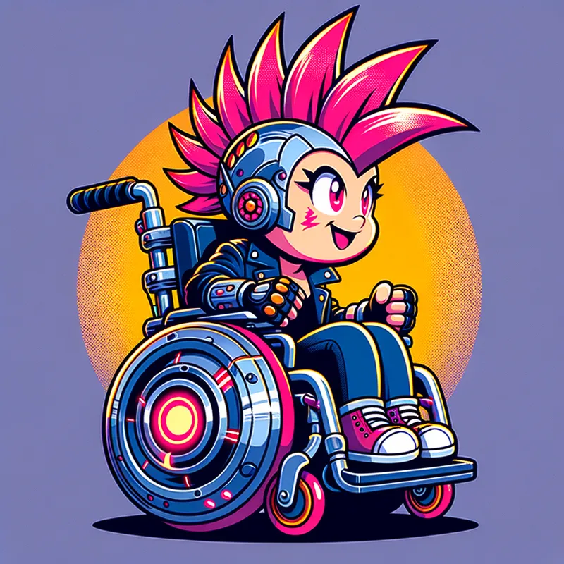 Heroic Bubbles - Bubbles, the Powerpuff Girl, in her powered-up wheelchair, with a punk-inspired spiked mohawk, showcasing her unstoppable spirit and heroic determination. - AI image generated with Art