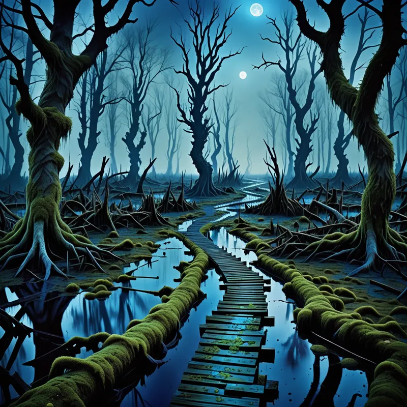 Hexed Mire Passage - A mysterious enchanted road through a foul swamp, broken planks and stone swallowed by moss and mud, eerie blue flames hovering above the marsh, twisted trees arching overhead, moonlight cutting through fog, haunting, detailed, cinematic composition - AI image generated with Fictional