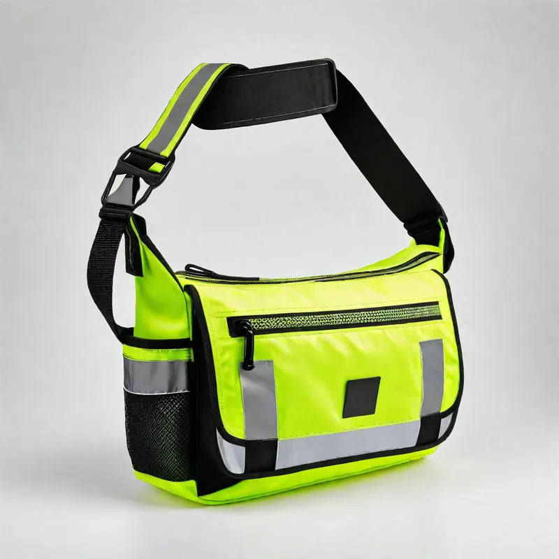 Hi-Viz Sling Bag Mockup - A modern product mockup of a hi-viz construction sling bag featuring lightweight design, reflective trim, dual compartments, and dust-proof material. Positioned on a clean white background. - AI image generated with Stable Diffusion XL
