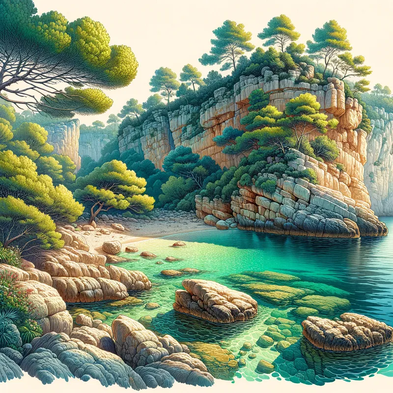 Hidden Cove of Cala Mitjana - A secluded cove scene from Cala Mitjana, featuring dramatic limestone cliffs, lush greenery, and calm emerald-green water gently lapping against the natural rocky shore. - AI image generated with Art
