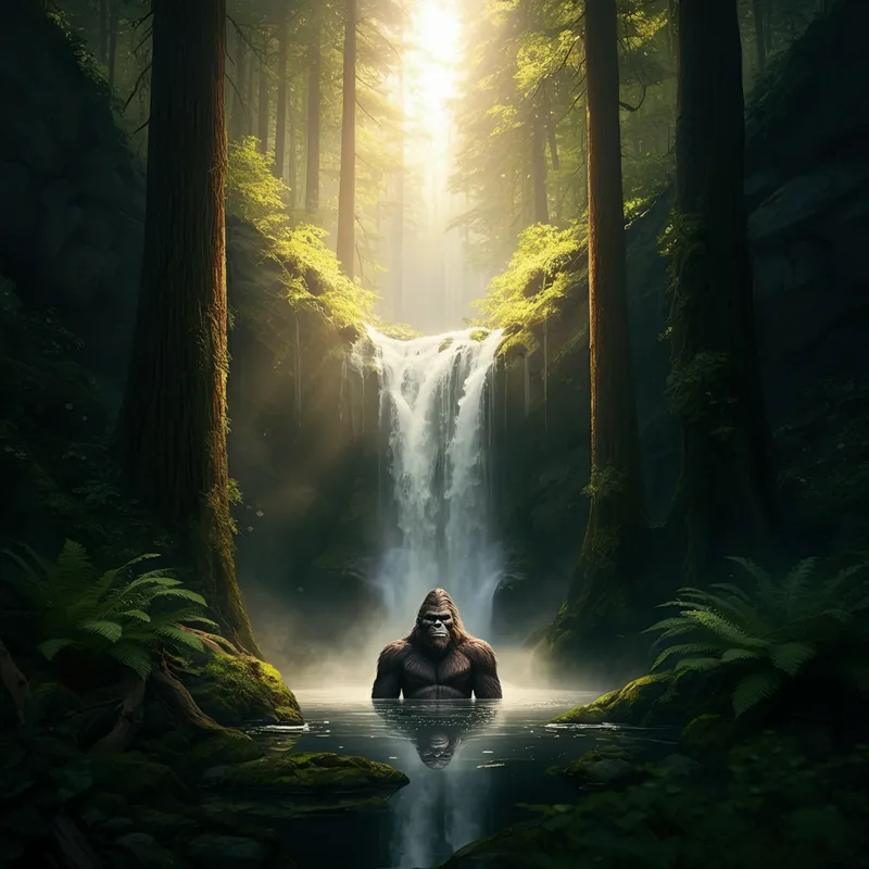 Hidden Falls Giant - A majestic Bigfoot enjoying a peaceful bath under a secluded forest waterfall, framed by towering trees, ferns, and wet stone cliffs. Sunlight filters through the canopy, creating glowing highlights in the mist and water spray. Photorealistic, immersive, serene yet mysterious. - AI image generated with Imagen 3