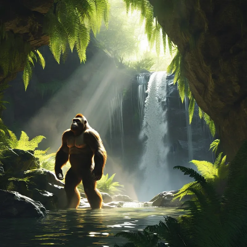 Hidden Falls Giant - A majestic Bigfoot enjoying a peaceful bath under a secluded forest waterfall, framed by towering trees, ferns, and wet stone cliffs. Sunlight filters through the canopy, creating glowing highlights in the mist and water spray. Photorealistic, immersive, serene yet mysterious. - AI image generated with Nova Canvas