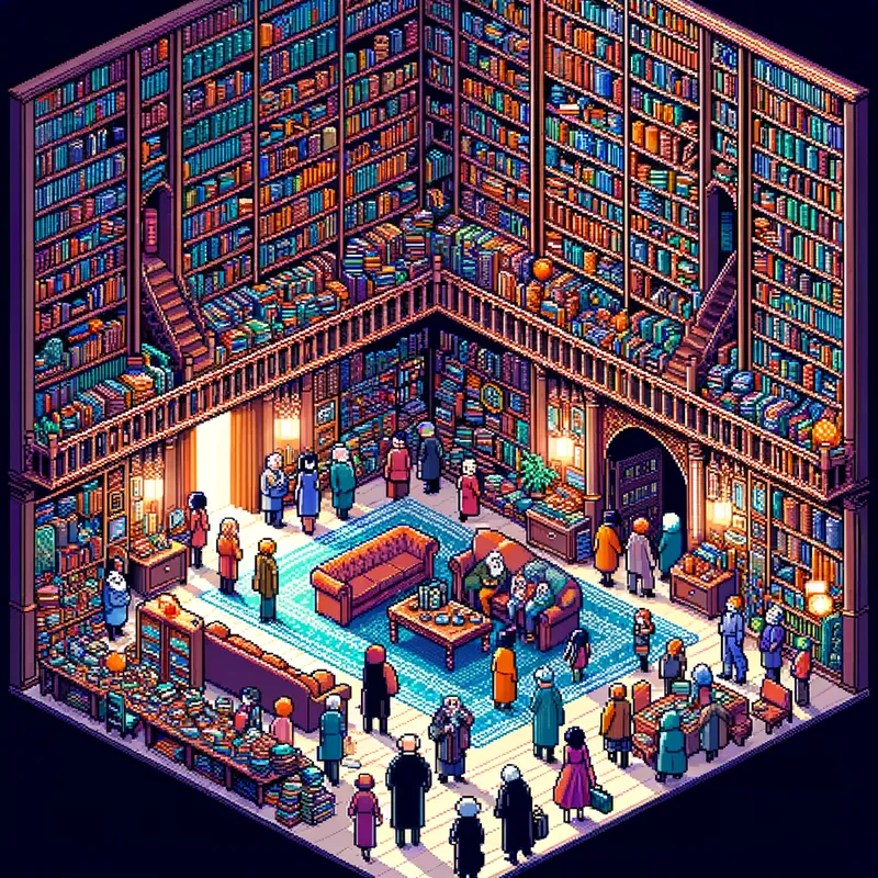 Hidden Library - Illustrate a 3D scene featuring a hidden library accessible by a bookcase in a living room filled with cheerful guests. - AI image generated with Art - pixel art