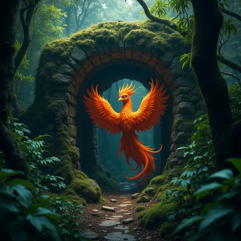 Hidden Phoenix Lair - Enveloped by the dense foliage of a dark rainforest, a moss-covered ruin hides a stunning phoenix with fiery plumage and piercing blue eyes. - AI image generated with Flux