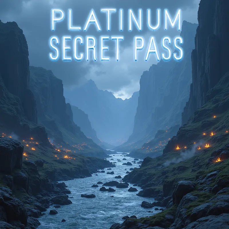 Hidden Platinum Valley - A breathtaking valley with hidden platinum structures and glowing crystals. The words 'PLATINUM SECRET PASS' appear as holographic letters hovering in the air, guiding the way through the mystical landscape. - AI image generated with Text