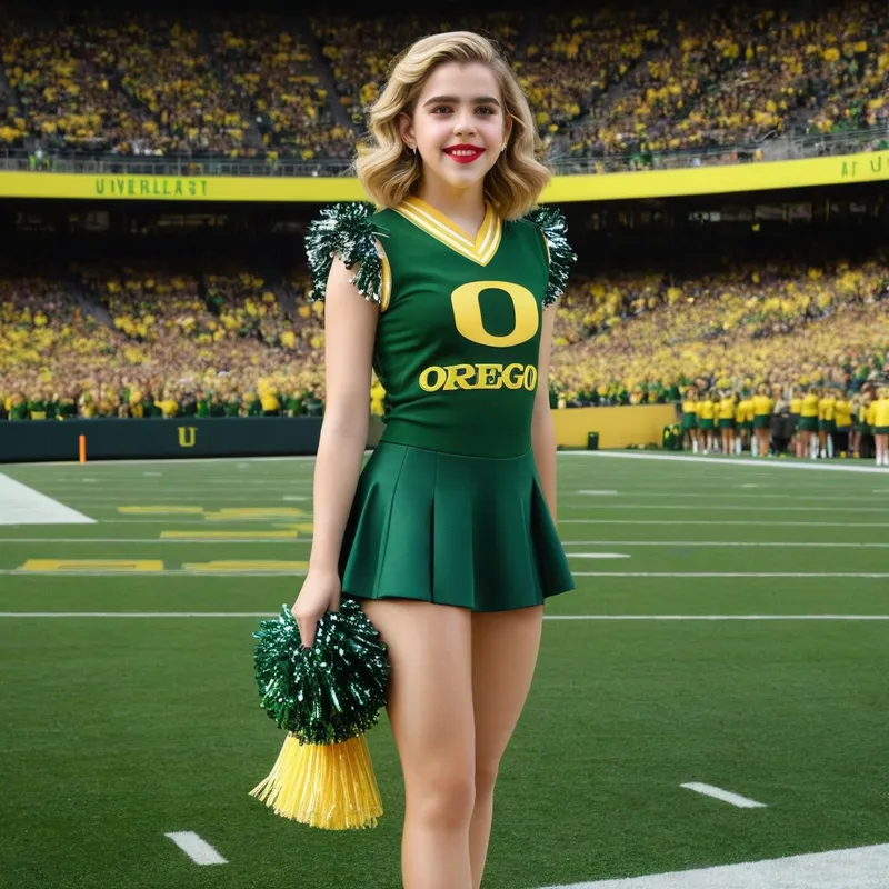 High Fashion Cheer - Kiernan Shipka in a high glamor full body pose inside Autzen Stadium, donning a sleeveless University of Oregon cheerleader uniform minidress, with sheer shiny shimmering silky suntan pantyhose and 5.5 inch high heeled stilettoes. Holding pompoms, she wears glamorous make-up with red lipstick and long earrings. Her hair is styled in a ponytail as she cheers with elegance. - AI image generated with Photorealistic