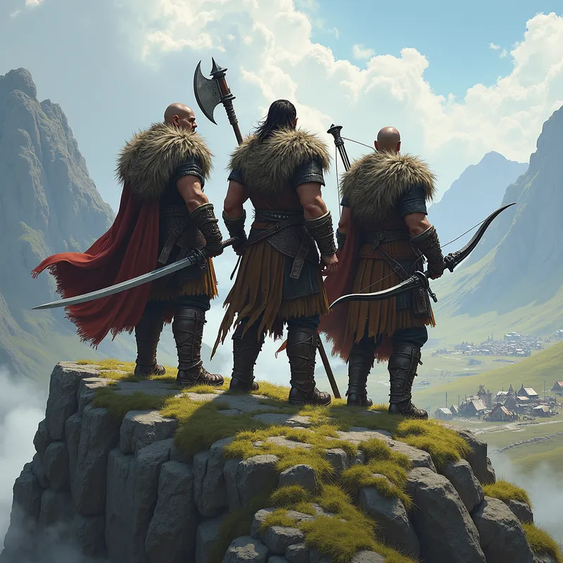 High Ground Advantage - Three male warriors stand resolutely on a high hill, overlooking a camp of orcs below. The warrior with the mace looks fierce, the one with the broad sword appears stoic, and the archer seems focused. The hill is surrounded by rugged terrain, and the orc camp buzzes with activity, oblivious to the impending threat above. - AI image generated with Photorealistic 2