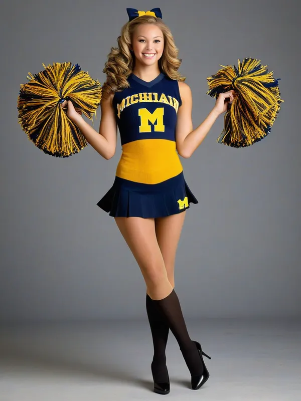 High School Cheerleader in Michigan Outfit - A dynamic depiction of a high school cheerleader in a full-body pose, proudly sporting a University of Michigan cheerleader outfit. They showcase the knit details, including team letters, sheer tan pantyhose and 5 inch black high heels. The art focuses on her poise and energy. Everything within the 9:16 aspect ratio boasts extraordinary detail and clarity. An impressive display of talent with captivating realism capturing every element of spirit and tradition. - AI image generated with Photorealistic