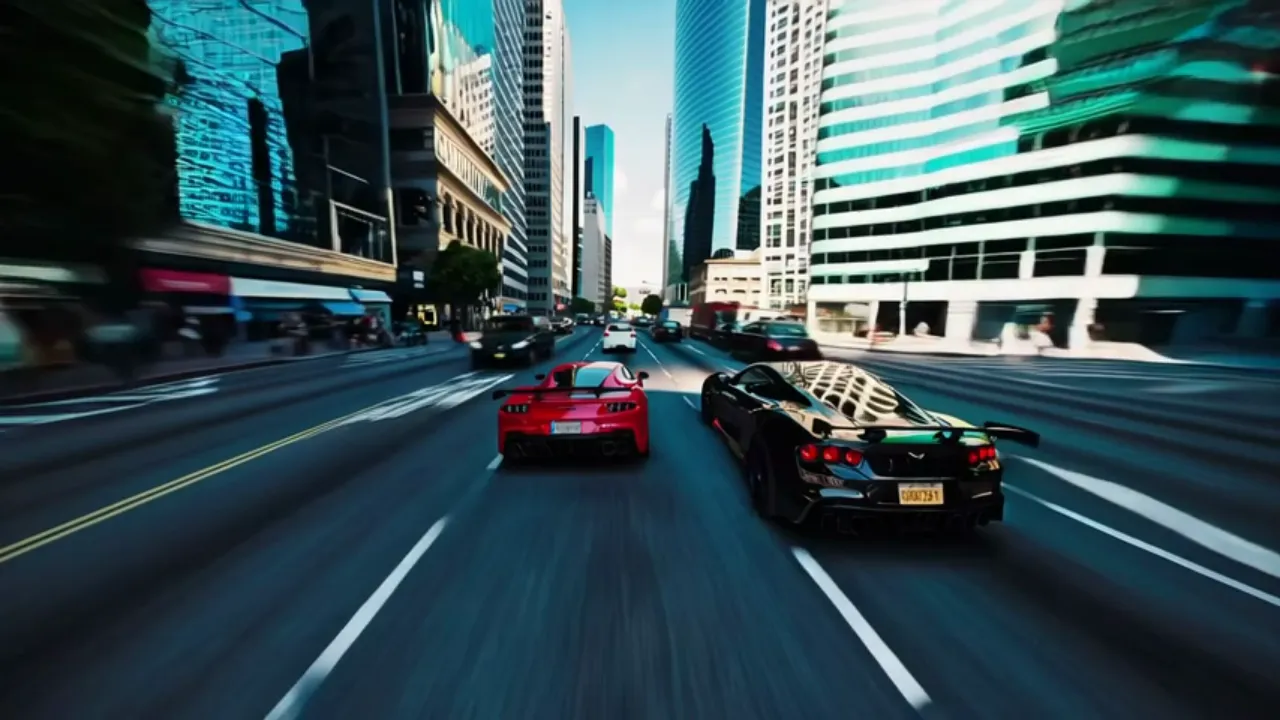 High-Speed City Car Chase - A thrilling car chase sequence through the bustling streets of a metropolitan city. High-speed action with sharp turns, narrow escapes, and intense moments as two vehicles engage in an adrenaline-fueled pursuit, dodging traffic and obstacles while creating a sense of urgency and excitement.   