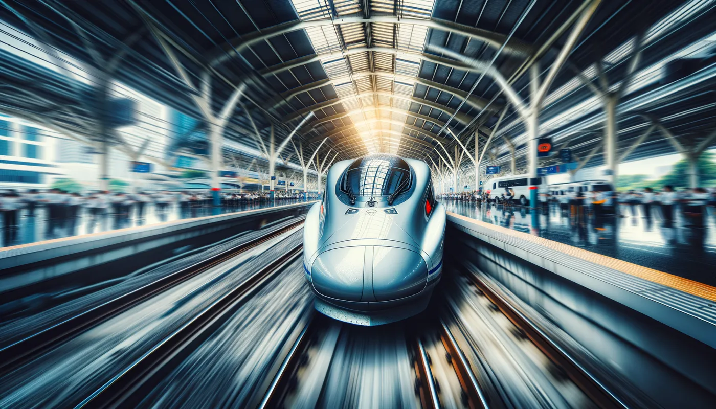 High-Speed Rail Departure - A dynamic, wide-angle shot of a sleek, modern high-speed train accelerating out of a bustling train station, blurring the background and capturing the power and speed of the locomotive. - 50mm lens