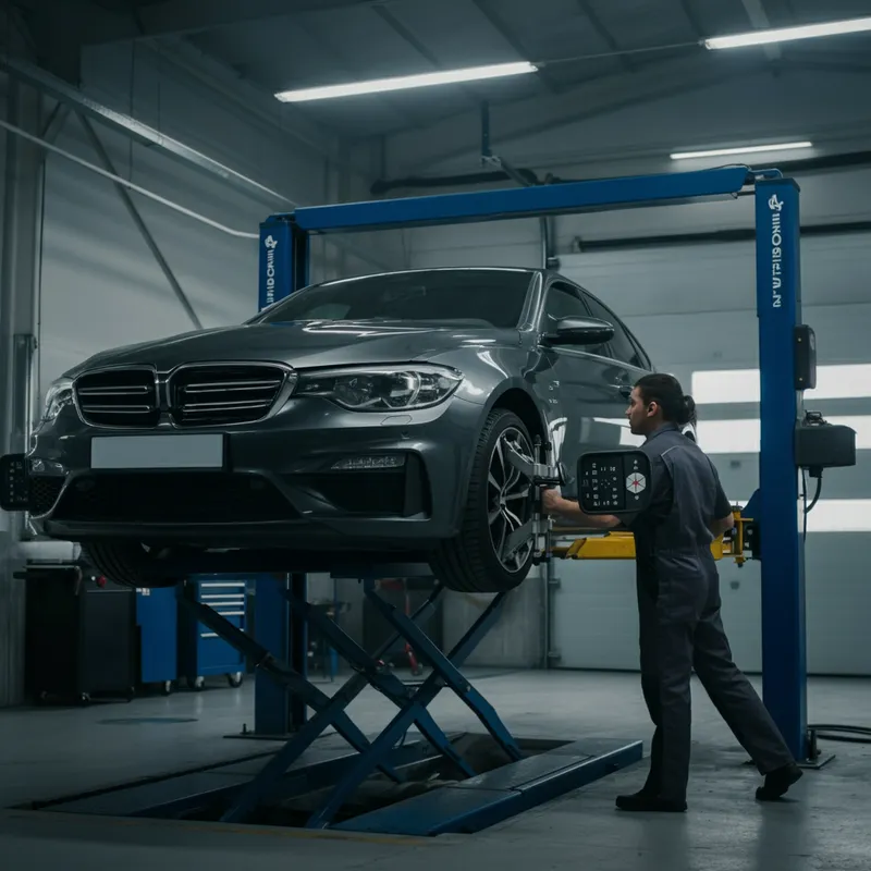 High-Tech Wheel Alignment Workshop - A modern automotive workshop interior, showing a professional mechanic performing wheel alignment on a car using high-tech laser alignment equipment. The car is lifted on a hydraulic lift, wheels straight, the environment is clean, well-lit, and organized. Emphasis on precision and modern technology. Realistic style, 4K resolution, cinematic lighting, automotive service theme. - AI image generated with Imagen 3