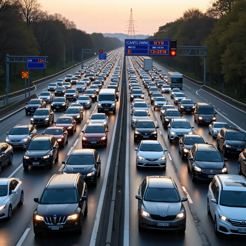 Highway Congestion - An aerial view of a packed highway at rush hour, with lanes filled with bumper-to-bumper vehicles. Traffic control barriers and digital signboards provide instructions while a line of frustrated drivers waits in a seemingly endless gridlock. - AI image generated with Photorealistic 2