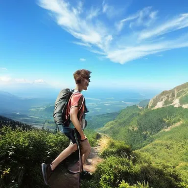 Hiker in Nature - A young man hiking up a mountain trail, with a beautiful panoramic view of a valley below, surrounded by lush greenery.