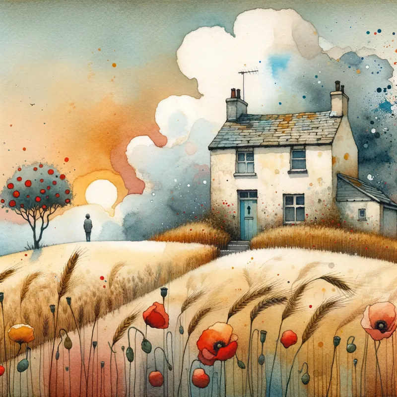 Hilltop House at Sunset - A whimsical picture by Quentin Blake showing a rundown cream house on a hill with a solitary figure at the door. Enveloped by wheat fields, red poppies, and some apple trees, the setting features a muted yet colorful background. The image also has intuitive watercolor splashes, a warm sunset, and a silver lining in the clouds within a stormy sky. - AI image generated with Art