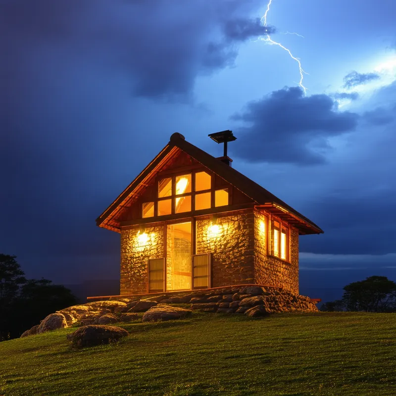Hilltop Hut Amidst Thunderstorm - A warmly lit hut with lights glowing through its windows, perched on a big rock foundation on top of a hill. The sky above is dark and ominous, with a thunderstorm brewing, casting dramatic shadows and flashes of lightning across the landscape. - highlights: Nikon D700, Nikkor 50mm 1.8
