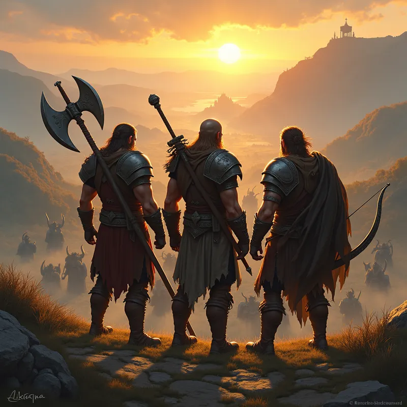 Hilltop Warriors at Dawn - Three male warriors stand on a high hill, looking down on a sprawling camp of orcs. One warrior carries a large mace, another wields a broad sword, and the third is equipped with a bow. The sunrise casts a golden hue over the scene, highlighting the warriors' armor and determined expressions. - AI image generated with Photorealistic 2