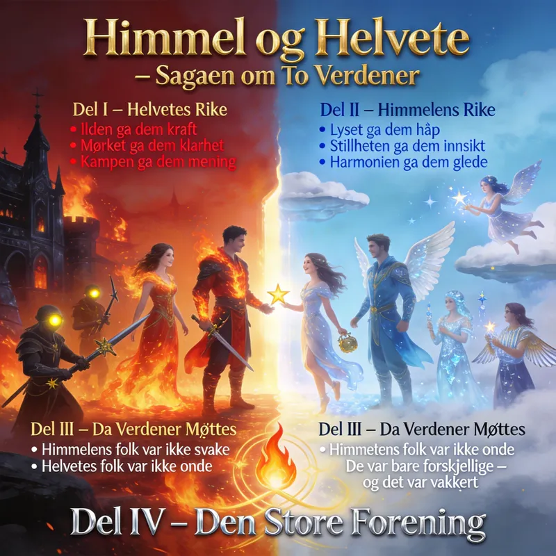 Himmel og Helvete: Når Verdener Møtes - 🔥 Himmel og Helvete – Sagaen om To Verdener 🔥
Prolog
I tidens første dager, før fjellene reiste seg og før havet fant sin rytme, fantes to riker:
Himmelen, hvor lyset sang, og Helvete, hvor ilden danset.
Begge rikene var levende, pulserende, og fylt av menn og kvinner som ikke bare bodde der – de elsket sine hjem.
For i denne verden var ikke himmel og helvete fiender. De var to halvdeler av samme hjerte.

🔥 Del I – Helvetes Rike
Helvete var ikke et sted av straff, men et rike av styrke, lidenskap og vilje.
Der vandret menn og kvinner med øyne som glødet som smeltet gull. De smidde våpen av stjernemetall, bygde byer av obsidian og danset i flammene som om de var gamle venner.
De elsket sitt rike fordi:
• 	Ilden ga dem kraft
• 	Mørket ga dem klarhet
• 	Kampen ga dem mening
Og midt i alt dette sto Draughan, en mann med flammer i blodet, og Seraphine, en kvinne som kunne temme selv den villeste ildstorm. De var helvetets stolthet – sterke, modige og fulle av liv.

☁️ Del II – Himmelens Rike
Himmelen var et rike av fred, skjønnhet og visdom.
Der svevde menn og kvinner mellom skyene, med vinger av lys og hjerter som glitret som krystall. De sang melodier som kunne lege sår, og bygde tårn av solstråler og månesølv.
De elsket sitt rike fordi:
• 	Lyset ga dem håp
• 	Stillheten ga dem innsikt
• 	Harmonien ga dem glede
Der levde Aelion, en mann med vinger som glitret som daggry, og Lyrielle, en kvinne som kunne forme stjerner med hendene sine.

⚡ Del III – Da Verdener Møttes
En dag åpnet det seg en revne mellom rikene.
Ikke av krig.
Ikke av frykt.
Men av nysgjerrighet.
Draughan og Seraphine fra Helvete trådte inn i lyset.
Aelion og Lyrielle fra Himmelen steg ned i flammene.
Og til alles overraskelse…
Ingen brant.
Ingen falt.
Ingen ble blendet.
I stedet lo de.
Delte historier.
Delte styrker.
Delte svakheter.
For første gang så de at:
• 	Himmelens folk var ikke svake
• 	Helvetes folk var ikke onde
• 	De var bare forskjellige – og det var vakkert

🌗 Del IV – Den Store Forenin - AI image generated with Seedream 4.5