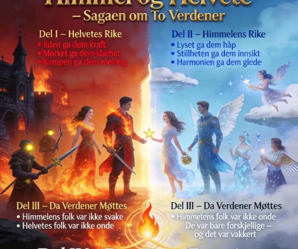 Himmel og Helvete — To Forente Riker - 🔥 Himmel og Helvete – Sagaen om To Verdener 🔥
Prolog
I tidens første dager, før fjellene reiste seg og før havet fant sin rytme, fantes to riker:
Himmelen, hvor lyset sang, og Helvete, hvor ilden danset.
Begge rikene var levende, pulserende, og fylt av menn og kvinner som ikke bare bodde der – de elsket sine hjem.
For i denne verden var ikke himmel og helvete fiender. De var to halvdeler av samme hjerte.

🔥 Del I – Helvetes Rike
Helvete var ikke et sted av straff, men et rike av styrke, lidenskap og vilje.
Der vandret menn og kvinner med øyne som glødet som smeltet gull. De smidde våpen av stjernemetall, bygde byer av obsidian og danset i flammene som om de var gamle venner.
De elsket sitt rike fordi:
• 	Ilden ga dem kraft
• 	Mørket ga dem klarhet
• 	Kampen ga dem mening
Og midt i alt dette sto Draughan, en mann med flammer i blodet, og Seraphine, en kvinne som kunne temme selv den villeste ildstorm. De var helvetets stolthet – sterke, modige og fulle av liv.

☁️ Del II – Himmelens Rike
Himmelen var et rike av fred, skjønnhet og visdom.
Der svevde menn og kvinner mellom skyene, med vinger av lys og hjerter som glitret som krystall. De sang melodier som kunne lege sår, og bygde tårn av solstråler og månesølv.
De elsket sitt rike fordi:
• 	Lyset ga dem håp
• 	Stillheten ga dem innsikt
• 	Harmonien ga dem glede
Der levde Aelion, en mann med vinger som glitret som daggry, og Lyrielle, en kvinne som kunne forme stjerner med hendene sine.

⚡ Del III – Da Verdener Møttes
En dag åpnet det seg en revne mellom rikene.
Ikke av krig.
Ikke av frykt.
Men av nysgjerrighet.
Draughan og Seraphine fra Helvete trådte inn i lyset.
Aelion og Lyrielle fra Himmelen steg ned i flammene.
Og til alles overraskelse…
Ingen brant.
Ingen falt.
Ingen ble blendet.
I stedet lo de.
Delte historier.
Delte styrker.
Delte svakheter.
For første gang så de at:
• 	Himmelens folk var ikke svake
• 	Helvetes folk var ikke onde
• 	De var bare forskjellige – og det var vakkert

🌗 Del IV – Den Store Forenin - AI video generated with Lite