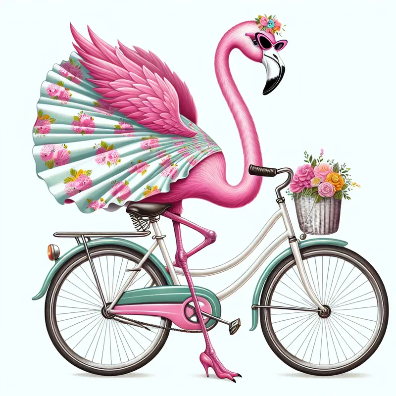 Hip Flamingo on Wheels - Illustrate a flamingo wearing retro clothing and cateye sunglasses, happily riding a bike, with no background. - AI image generated with DALL-E 3