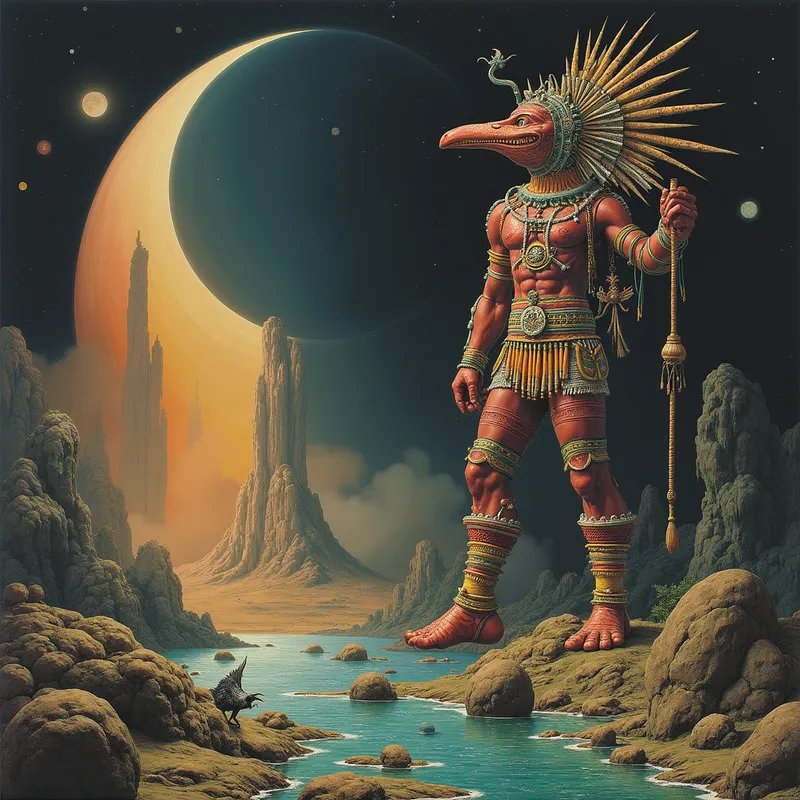 Hipgnosis, bare, fantasy, Pink Floyd, Ma - Hipgnosis, bare, fantasy, Pink Floyd, Maya, inca, water-works, Atom heart mother - AI image generated with Flux