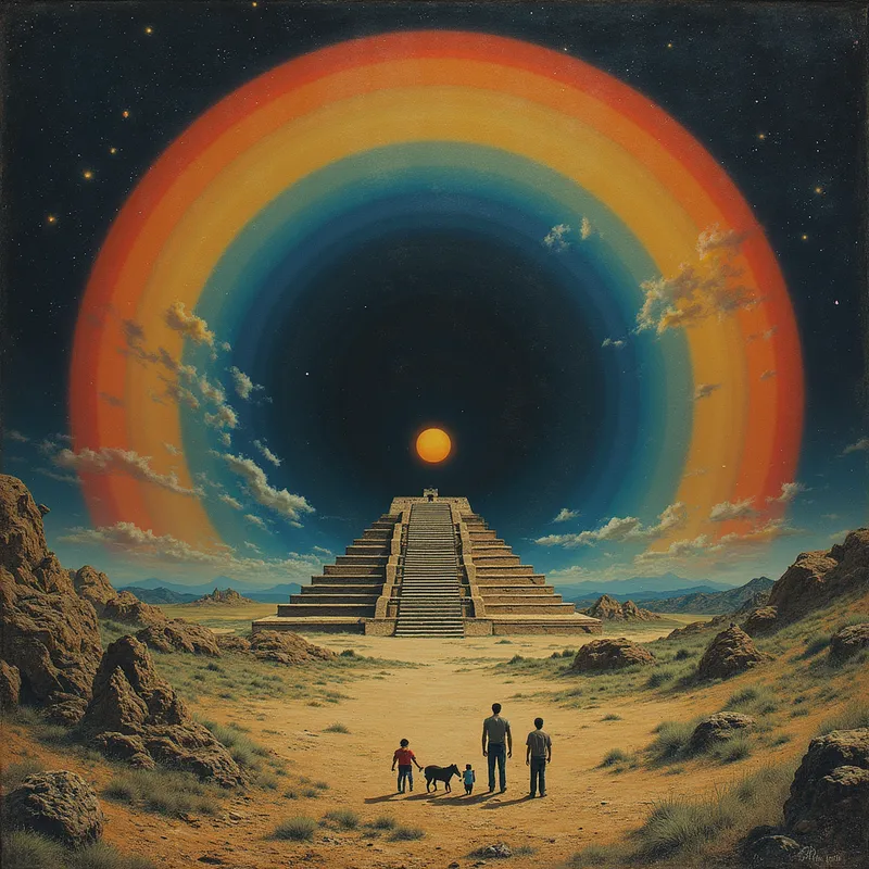 Hipgnosis, bare, fantasy, Pink Floyd, Ma - Hipgnosis, bare, fantasy, Pink Floyd, Maya, inca, water-works, Atom heart mother - AI image generated with Flux