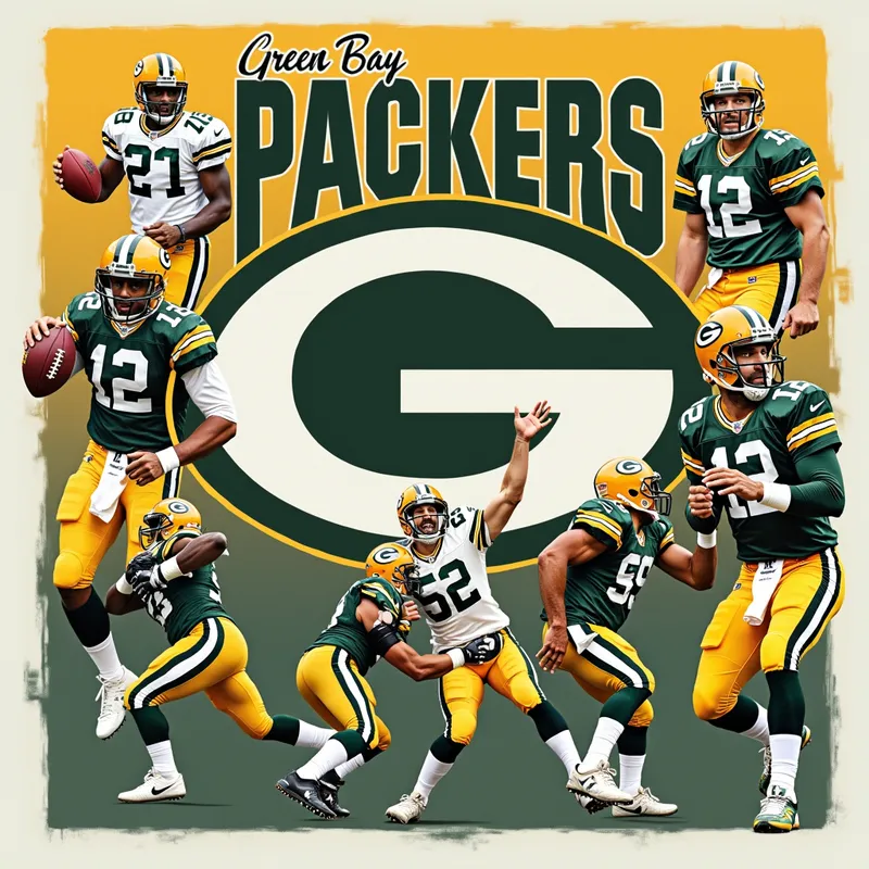 Historic Packers Moments - A collage of historic moments in Green Bay Packers history, featuring iconic players like Bart Starr, Brett Favre, and Aaron Rodgers in action, set against a background of the team's classic green and gold colors. - AI image generated with Photorealistic 2 - typography drawing