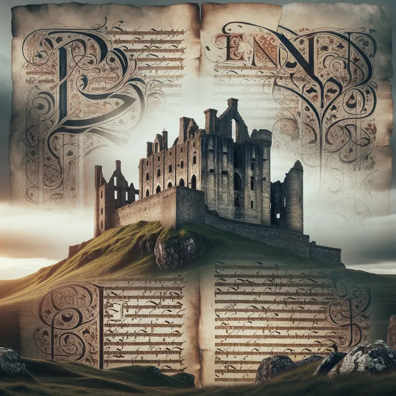 Historical Echoes - A hauntingly beautiful double exposure image that merges an ancient castle ruin with a faded manuscript featuring calligraphy from the same era. - AI image generated with Art