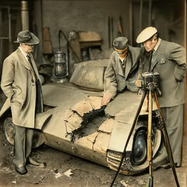 Historical Tank Wreckage Scene - In 1919, a group of engineers dressed in three-piece suits, examining the twisted wreckage of a tank. Attention is given to a cracked rivet by one engineer, while another captures the damage beneath worn paints in a leather notebook. The background reveals period-appropriate tools including a kerosene lantern and a Kodak camera on a tripod capturing the scene.