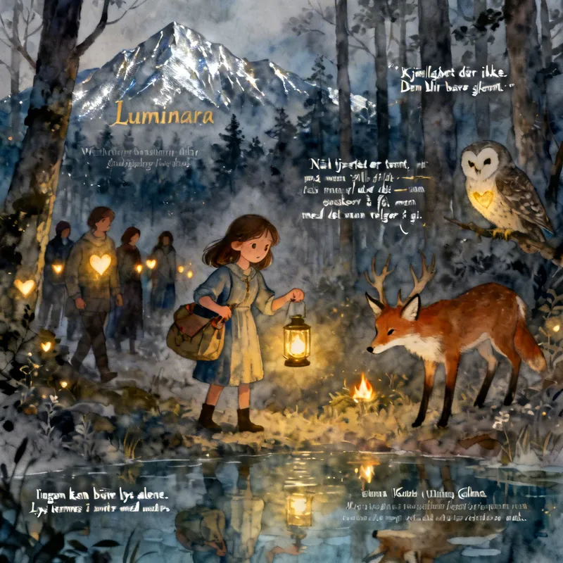 Hjertelyset som sluknet - 🌙 Eventyret om Hjertelyset som sluknet
Det var en gang, i et rike mellom fjell som glitret som sølv og skoger som sang i vinden, et lite land kalt Luminara. I dette landet bodde mennesker som bar små lys i brystet – Hjertelys. Disse lysene var ikke laget av ild eller magi, men av kjærlighet: varme ord, gode handlinger, nærhet, ærlighet og håp.
Så lenge kjærligheten fløt mellom folk, skinte lysene sterkt. Men når kjærligheten ble glemt, ble lysene svakere.
⭐ Den dagen alt ble mørkt
En vintermorgen våknet Luminara til noe ingen hadde sett før:
Hjertelysene begynte å slukne.
Det startet med små flammer som blafret, så ble de til glør, og til slutt – mørke. Folk ble redde. De kranglet, trakk seg unna hverandre, og trodde at lyset var borte for alltid.
Midt i dette bodde en ung jente ved navn Mira. Hun var kjent for å være modig, men også for å føle alt sterkt. Da hennes eget lys ble svakt, kjente hun en tomhet hun aldri hadde kjent før. Det var som om verden mistet fargene.
Men Mira nektet å gi opp.

🔥 Reisen for å finne påfyllet
Mira bestemte seg for å finne ut hvorfor kjærligheten var blitt tom. Hun pakket en liten sekk, tok med seg en lykt som fortsatt glødet svakt, og dro ut i skogen.
På reisen møtte hun tre vesener:
• 	En gammel ugle som sa:
“Kjærlighet dør ikke. Den blir bare glemt.”
• 	En rev som hvisket:
“Når hjertet er tomt, må man fylle det – ikke med det man ønsker å få, men med det man velger å gi.”
• 	En eldgammel hjort som brummet:
“Ingen kan bære lys alene. Lys tennes i møte med andre.”
Mira forstod at hun måtte finne Kilden, et sagn som sa at kjærligheten kunne fornyes der.

💧 Kilden som speilet sannheten
Etter mange dager kom hun til en innsjø så stille at den så ut som glass. Dette var Kilden. Men den var ikke magisk slik eventyr pleier å være. Den var ærlig.
Da Mira så ned i vannet, så hun ikke bare seg selv – hun så alle øyeblikkene hun hadde glemt:
• 	De gangene hun hadde vært for redd til å si hva hun følte
• 	De gangene hun hadde ventet på at a - AI image generated with Seedream 4.0