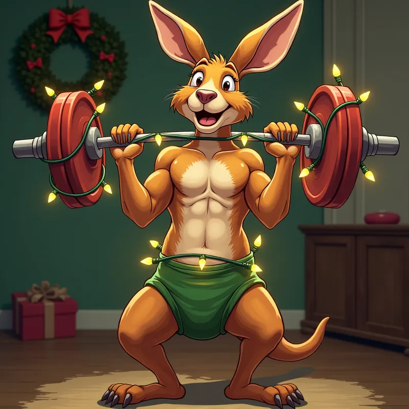 Holiday Roo Workout - A muscular kangaroo in a green diaper, lifting weights wrapped in holiday lights, with a festive wreath hanging on the wall behind. - AI image generated with Photorealistic 2