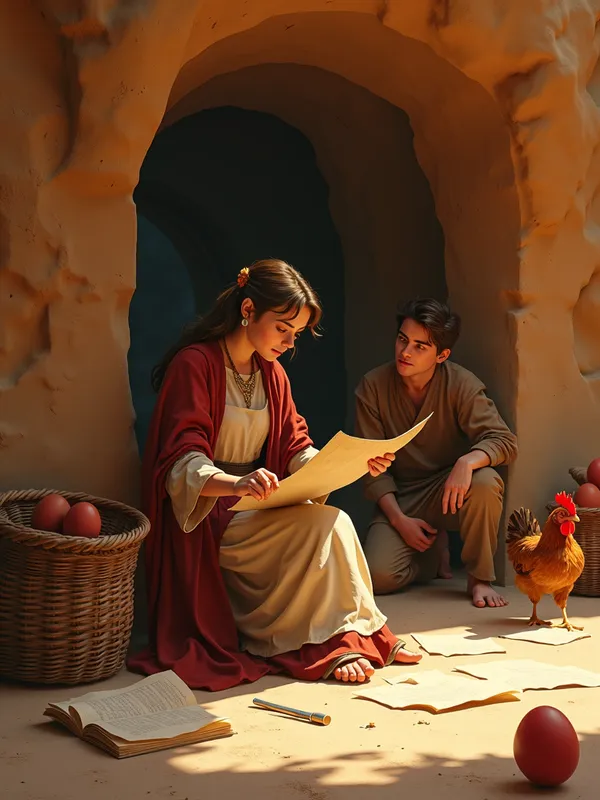Hollow Haven - A tranquil scene in a cave with ochre-colored walls. Fiona sits in the foreground examining a parchment, while Lucas kneels behind her. Two brown chickens can be seen: one by a basket on the left and the other near Lucas on the right. Various papers and a red egg are scattered around. - AI image generated with Photorealistic 2 - photorealistic