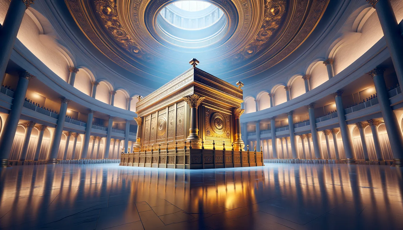 Holy Artifact - Compose an image of the biblical Ark encased in pure gold within its hallowed space. Accurately depict the 1.2 x 0.7 x 0.7 meters size, demonstrating its significance in the sanctuary where it is housed, the very heart of the Holy of Holies, as a focal point for divine encounters and prayer. - ethereal and inspirational, unique framing and composition, highlights: Nikon D700, Nikkor 50mm 1.8