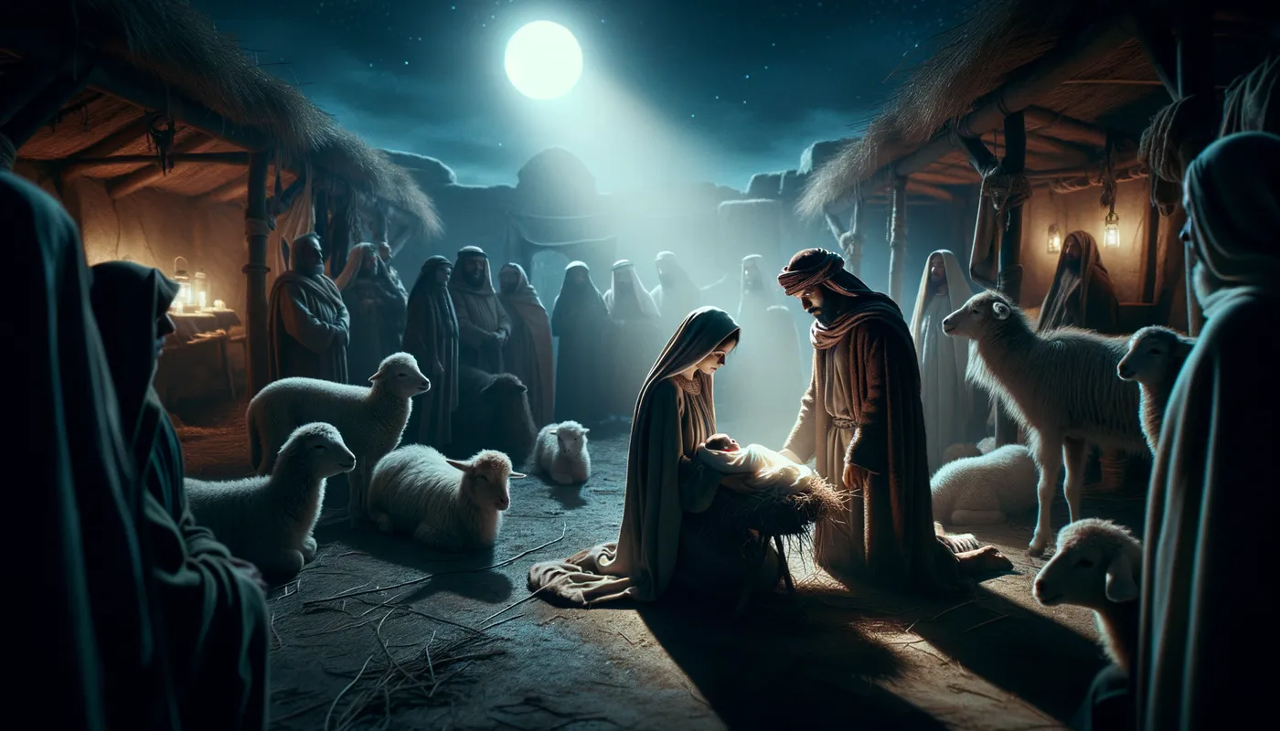 Holy Night - A serene, moonlit night in Bethlehem, with the stable illuminated by a gentle, divine light. Mary and Joseph gaze lovingly at baby Jesus, while animals and shepherds watch reverently. - AI image generated with Art