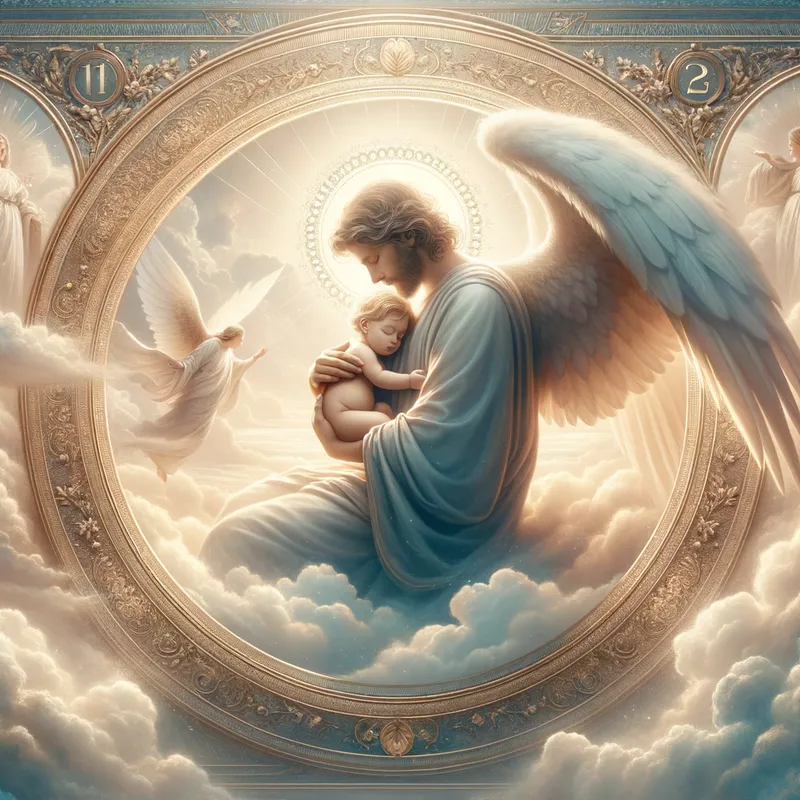 Holy Sanctuary - Jesus holding a baby in a heavenly setting, with the serenity of the scene enhanced by the date 11/28/23 subtly displayed. - AI image generated with Art