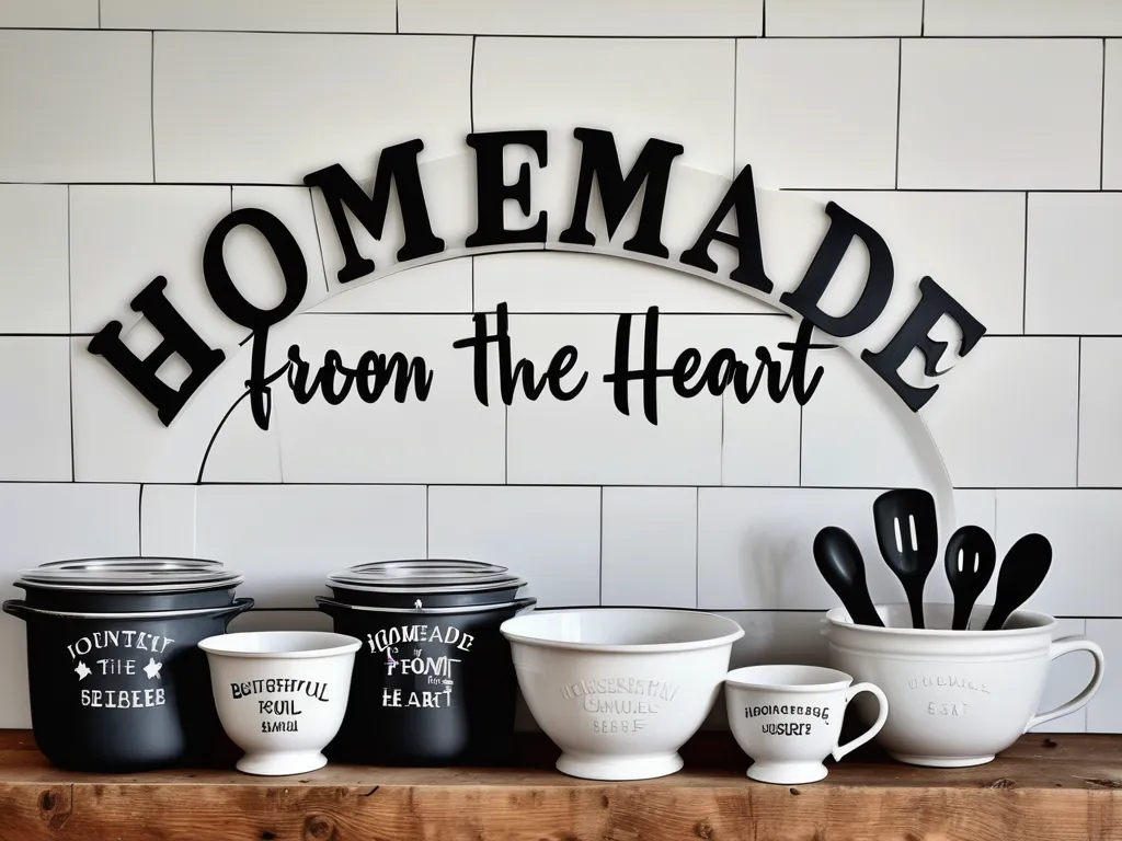 Homemade From the Heart Arch - realistic black and white image of the words " Homemade from the Heart" in beautiful country lettering in an arch style with mixing bowls and measuring cups - AI image generated with Photorealistic