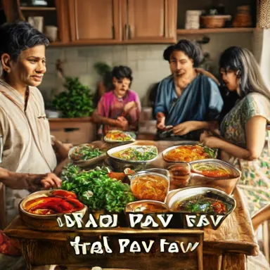 Homemade Wada Pav Delight - A cozy kitchen setting where a family is enjoying a meal together featuring homemade Wada Pav. The table is filled with ingredients like coriander, chillies, and chutneys, showcasing the preparation process.