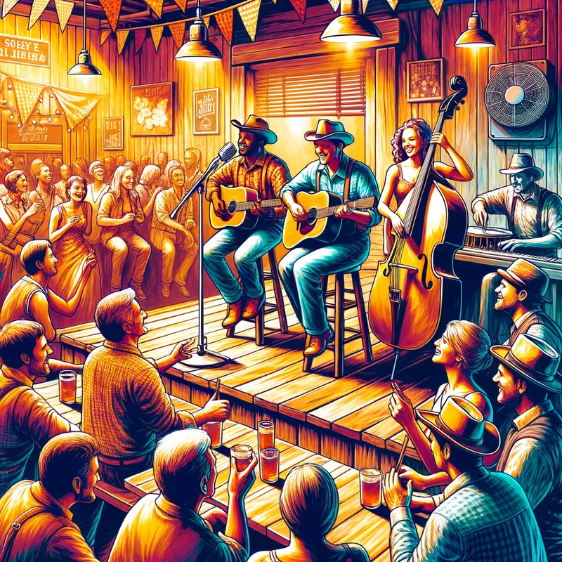 Honky Tonk Hoedown - A vibrant and joyful image of a classic honky tonk bar, with musicians playing the guitar, fiddle, and other country instruments, while patrons tap their feet and clap along to the infectious rhythm. - AI image generated with Art