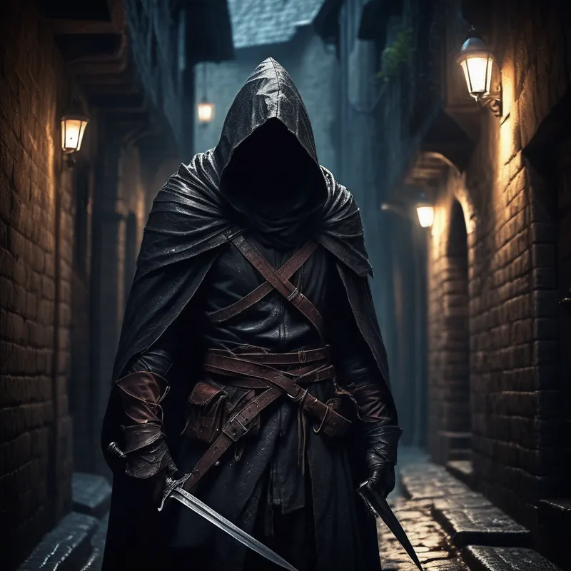Hooded Assassin in Shadowed Alley - A mysterious hooded assassin standing in a shadowy medieval alley, gripping a sharp dagger, face partially hidden beneath a dark cloak, intense and stealthy presence, cinematic lighting, moody atmosphere, detailed leather armor, subtle rain, realistic textures, dramatic shadows, high detail, dark fantasy style.
Want it more realistic, dark fantasy, or anime-style? - AI image generated with Photorealistic