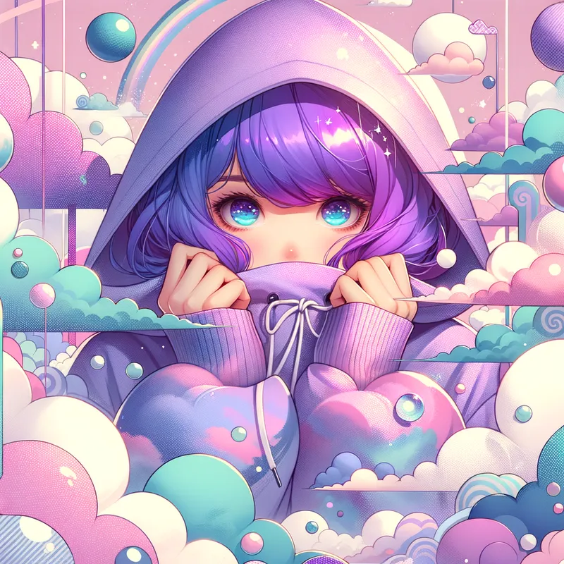 Hoodie Dreams - A whimsical anime girl with striking purple hair peeking from her hood, surrounded by floating pastel clouds and dreamy elements, creating an ethereal atmosphere. - AI image generated with Art