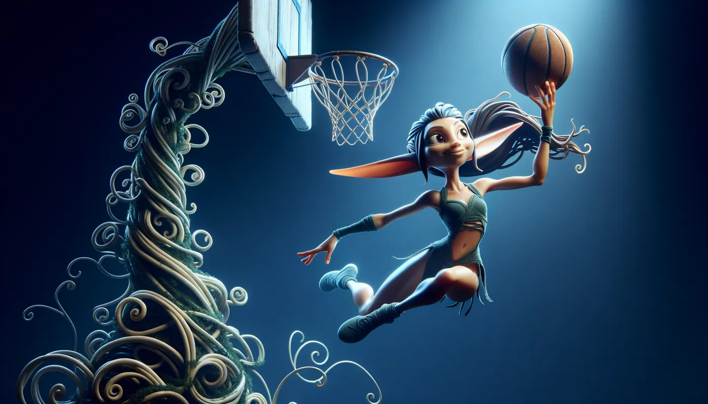 Hoops of the Enchanted Grove - A determined elf girl with long pointy ears leaps towards a basketball hoop made of twisting vines, her athletic form poised in midair beneath shimmering twilight. - AI image generated with Art - cartoony, dark tones