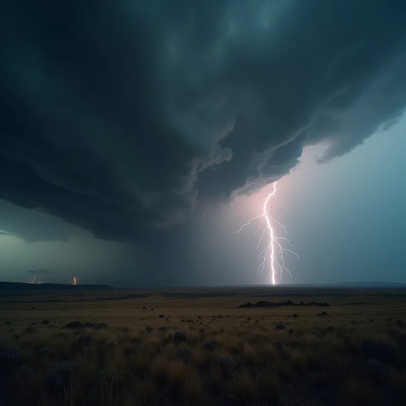 Horizon's Warning - A wide-angle image showing vast plains under foreboding storm clouds, smoke from distant fires drifting skyward, and lightning flashing intensely along the darkened horizon. - AI image generated with Photorealistic 2