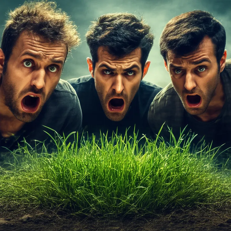 Horrified Men Staring at Grass - An image depicting three men with horrified expressions as they look down at a patch of grass. The scene captures their shock and fear, with the grass being the focal point of their attention.