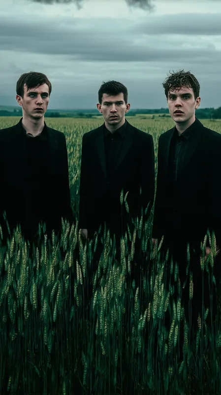 Horrified Men in Tall Grass - Three men standing together with expressions of horror on their faces, gazing at the tall grass in an open field. The tall grass sways lightly in the wind, casting ominous shadows, and the scene is set under a cloudy, grey sky, enhancing the eerie atmosphere.