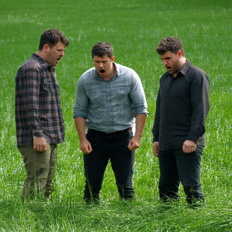 Horrified Men on Grass - Three men standing on a patch of green grass, exchanging horrified glances and looking down at something. The expressions on their faces show a mix of fear and shock. The scene captures a moment of intense emotion and curiosity.
