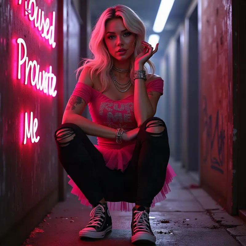 Hot Pink Alley Wink Meme Poster - Using my provided photo as the facial reference, create a cute, funny, quirky, beautiful 3D woman on a bold meme-style poster. She is in a dark alley with a subtle hot pink glow, leaning one shoulder against the wall, arms crossed, one hand resting on her chin, and legs crossed. She is giving a playful wink. She wears black distressed leggings, a hot pink glitter tulle skirt, an off-the-shoulder hot pink top with the glitter text 'Don’t Push Me', hot pink and black Converse sneakers, silver hoop earrings, layered silver necklaces, silver bracelets, a lip ring, and visible tattoos. Her hair is wavy platinum blonde with hot pink highlights. Add pink blood or paint splatter effects on the alley walls and ground. Include large hot pink shimmering shiny text that says: 'Roses are RED, People are FAKE, I stay to MYSELF, So I WON'T end up on the first 48!' Add 'Heather Robinson' in a small bottom corner in a pretty fancy font with hearts and swirls. Overall color palette should focus on black and hot pink, with cinematic 3D styling and meme poster energy. - AI image generated with Photorealistic 2