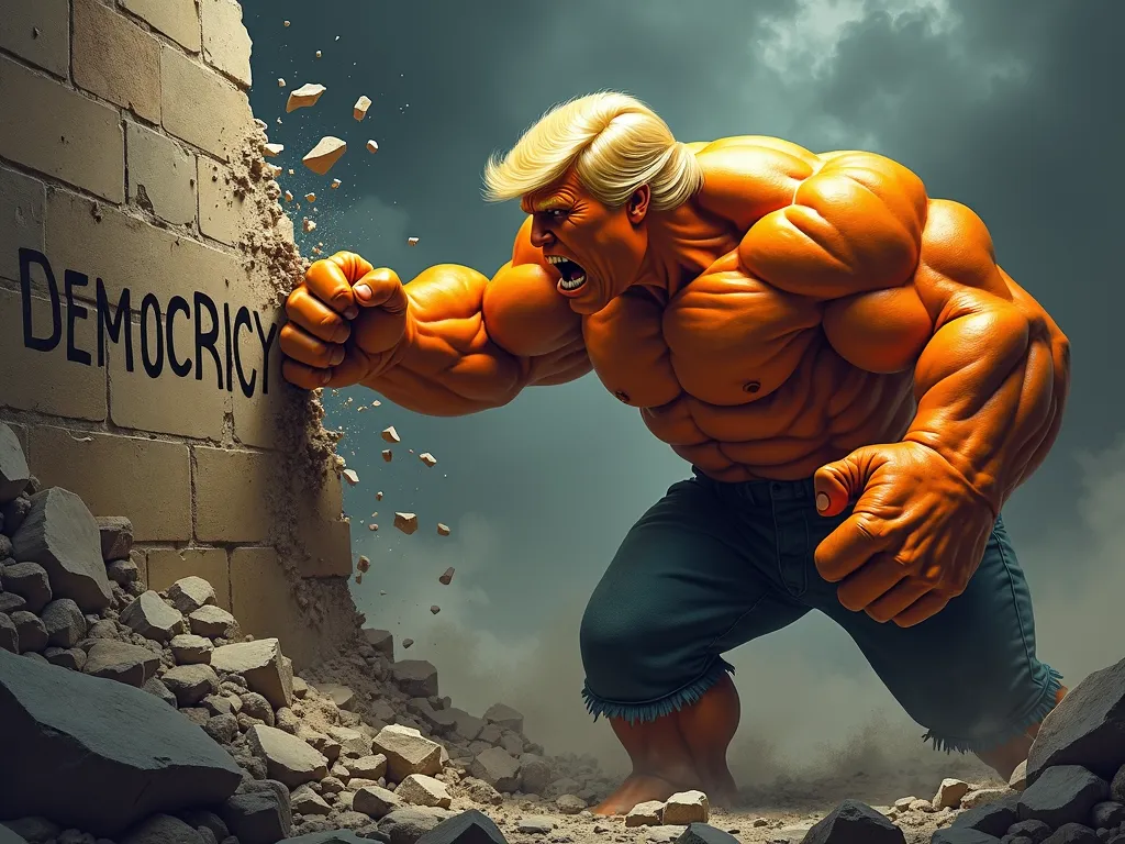 Hulk Trump Shatters Democracy - Show Donald Trump as a giant orange Hulk, veins popping, as he delivers a powerful blow to a thick stone wall with the word 'DEMOCRACY' etched on it. The wall is half-collapsed, with massive chunks of rock dislodged, emphasizing the might and fury of his alter ego. - AI image generated with Photorealistic 2 - dark tones, dynamic pose, colorful