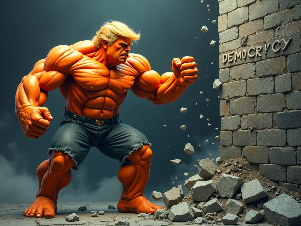 Hulk Trump Shatters Democracy - Show Donald Trump as a giant orange Hulk, veins popping, as he delivers a powerful blow to a thick stone wall with the word 'DEMOCRACY' etched on it. The wall is half-collapsed, with massive chunks of rock dislodged, emphasizing the might and fury of his alter ego. - AI image generated with Photorealistic 2 - dark tones, dynamic pose, colorful