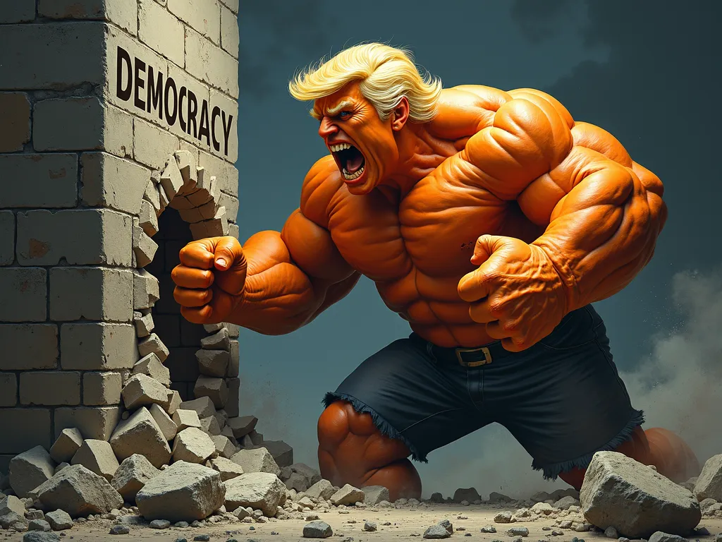 Hulk Trump Shatters Democracy - Show Donald Trump as a giant orange Hulk, veins popping, as he delivers a powerful blow to a thick stone wall with the word 'DEMOCRACY' etched on it. The wall is half-collapsed, with massive chunks of rock dislodged, emphasizing the might and fury of his alter ego. - AI image generated with Photorealistic 2 - dark tones, dynamic pose, colorful