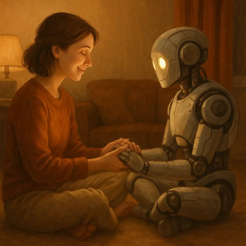 Human-Robot Connection in Harmony - A lady and a robot sitting on the floor across from each other, both in a criss-cross position, holding hands. The setting is warm and cozy with soft lighting, creating a sense of connection and harmony between human and machine. The lady has a gentle smile, and the robot's eyes are softly glowing, reflecting their bond. - AI image generated with GPT Image